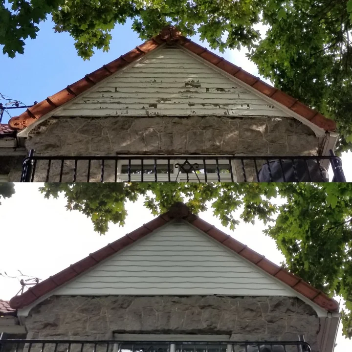 Gable end repainted after peeling paint was stripped