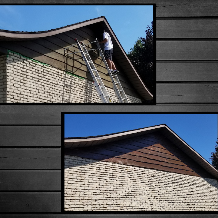 Exterior gable being prepared and painted from a ladder