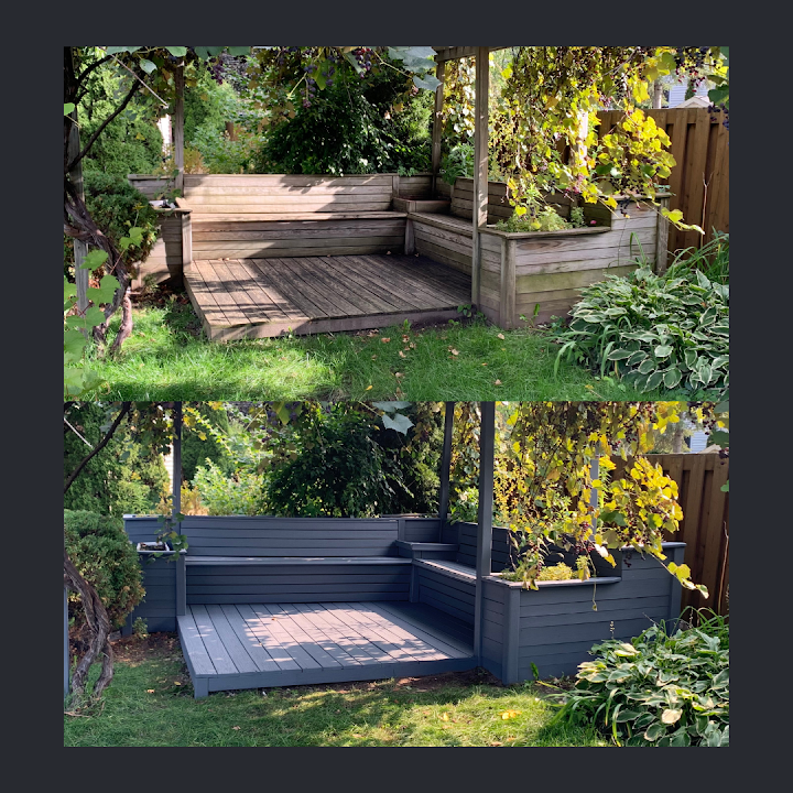 Garden deck and bench seating repainted charcoal