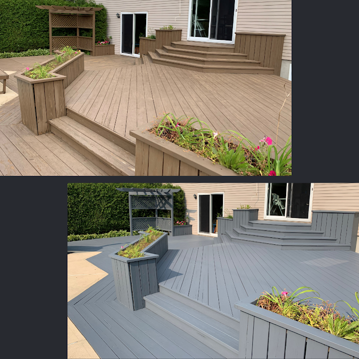 Timber deck before and after being painted grey