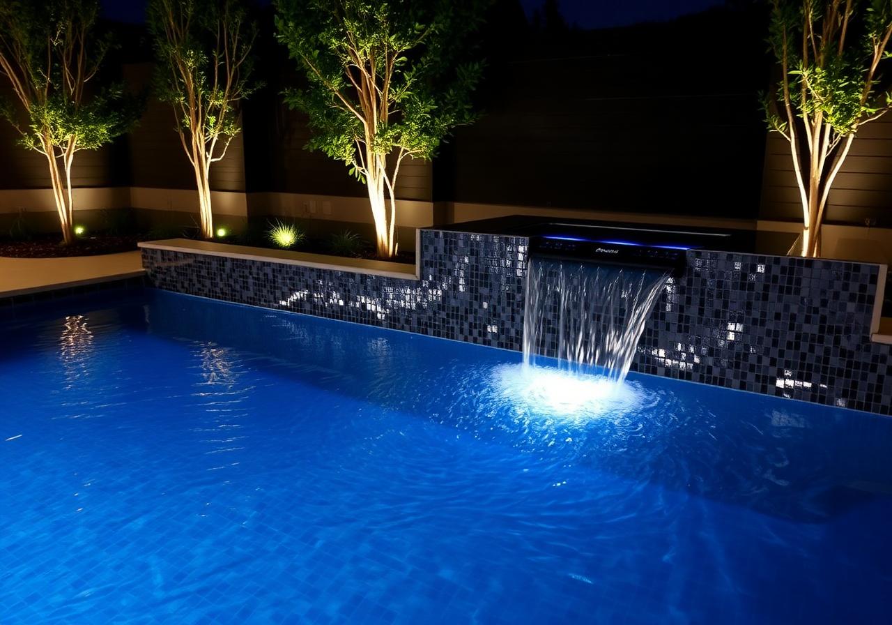 Pool waterfall feature at night